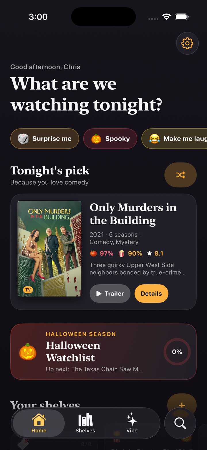 The Rewind app: shelves of film covers and an ask-anything search bar.